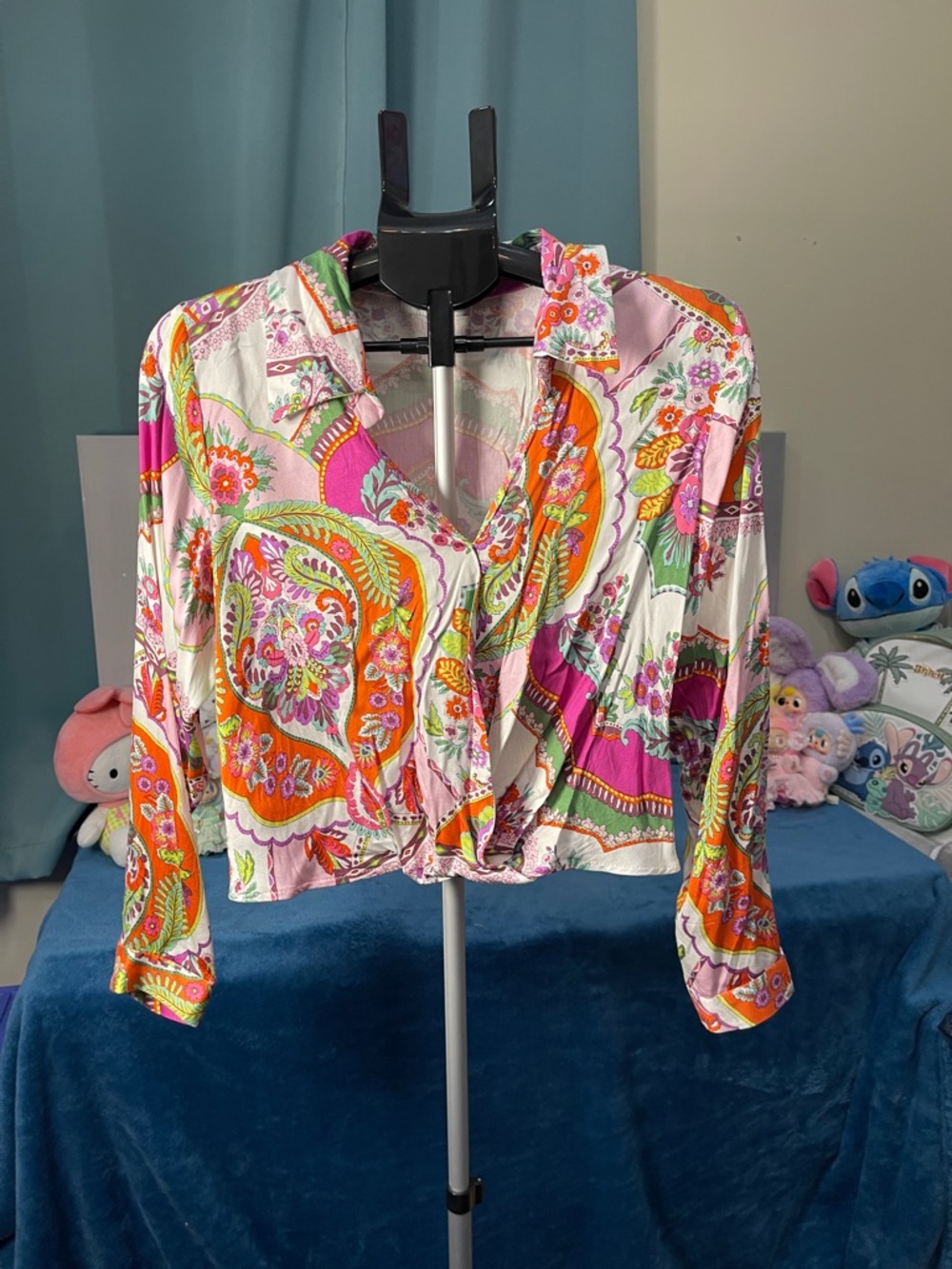 Rachel Zoe Pink, Orange & White Paisley Crop Button-Down Blouse size m